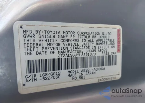 1990 Toyota Corolla Sr5 z USA, uszkodzony, nr VIN JT2AE96J9L3351379